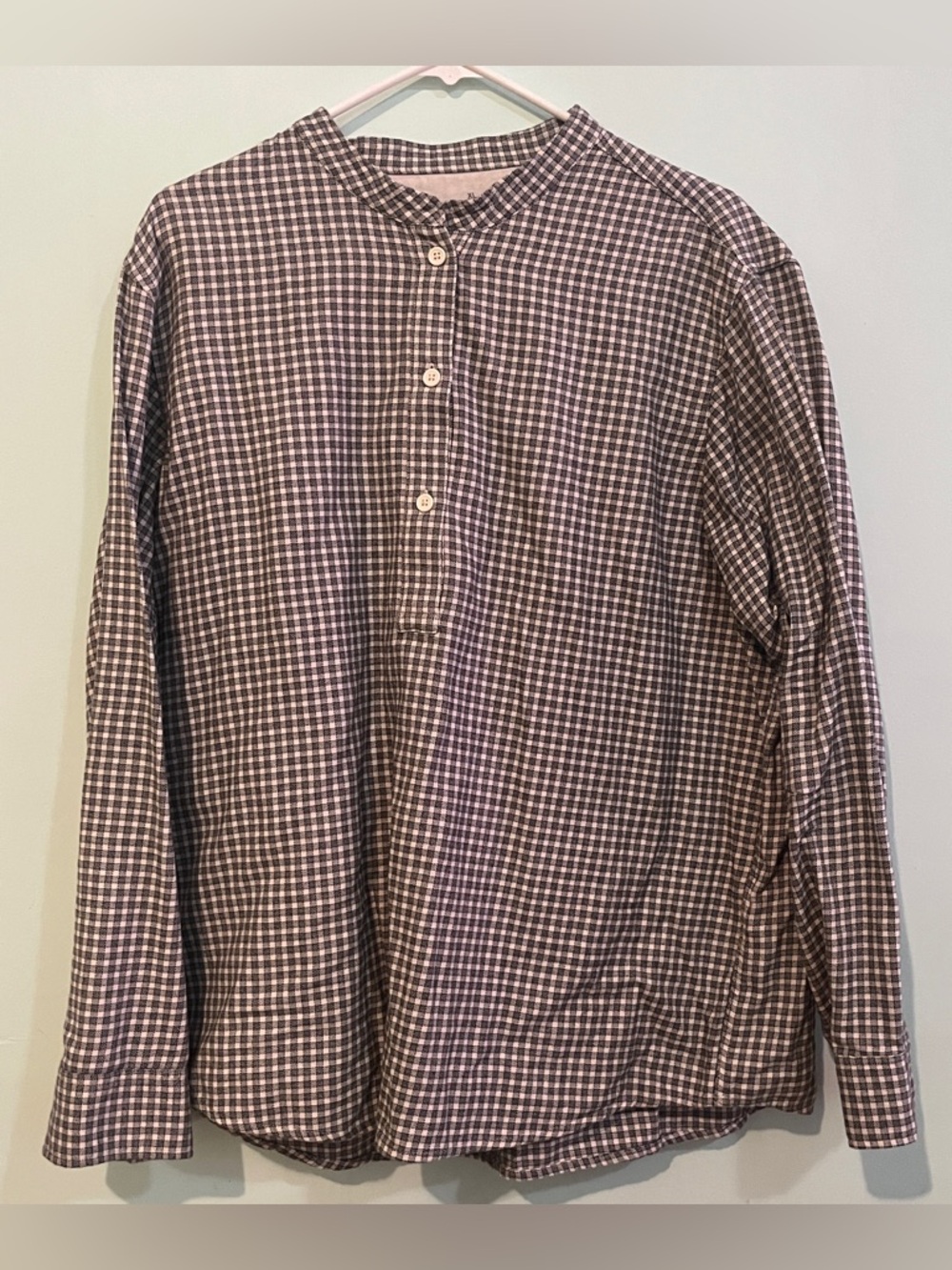 Muji Henley Button Down Long Sleeve Shirt - B&W Checkered/ Houndstooth - Sz XL